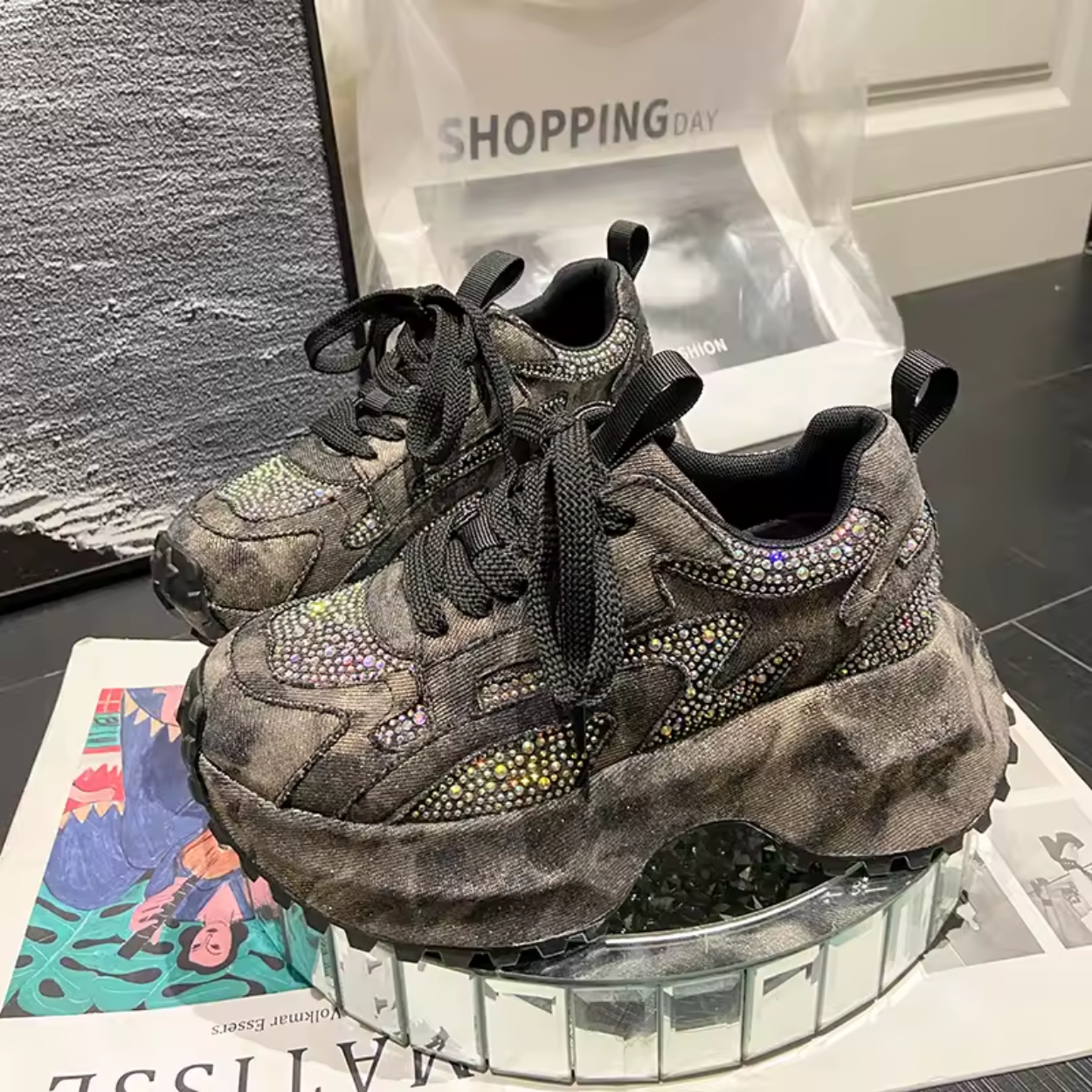 Damen Chunky Sneaker mit glamourösen Pailletten