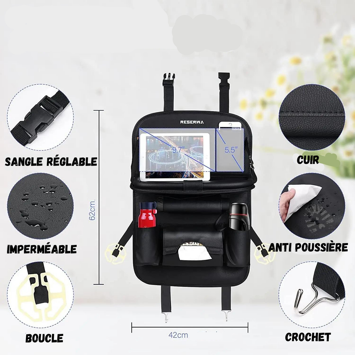 Autositzhalterung mit Klapptablett aus Leder