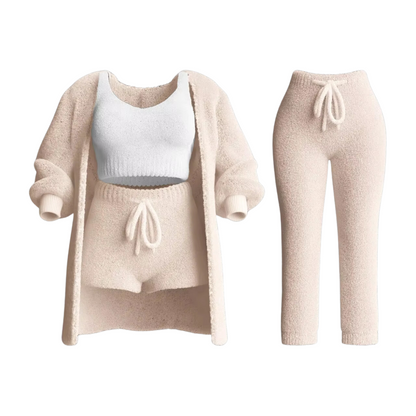 Komplettes Damen-Sportoutfit: Pullover, Sport-BH, Hose und Cardigan