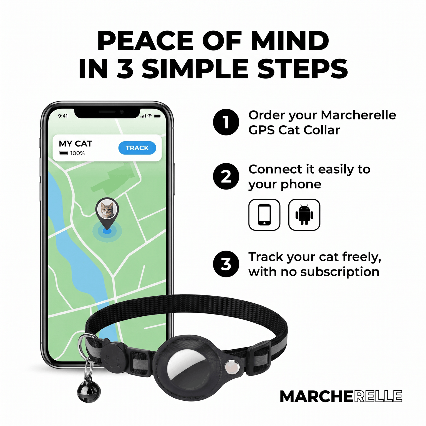 Macherelle™ – GPS-Katzenhalsband ohne Abonnement | Kompatibel mit iOS & Android